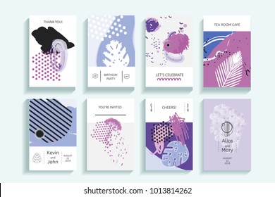 Universal floral posters set. Creative hand drawn textures with palm leaves. Tropical cards for wedding, anniversary, birthday, Valentin's day, party invitations.  