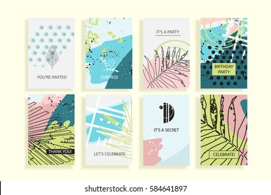 Universal floral posters set. Creative hand hrawn textures with palm leaves. Cards for wedding, anniversary, birthday, Valentin's day, party invitations