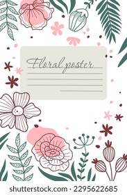 Universal floral template. Minimalistic organic poster with blooming plants, leaves and wildflowers. Design element for wedding invitation or greeting card. Hand drawn linear vector illustration