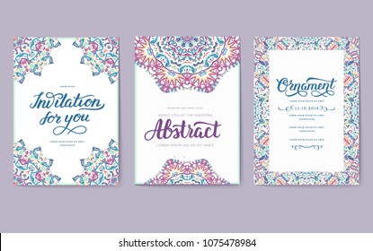 Universal flyer 3x4 with unique decoration. Invitation card for birthday, party or wedding. Traditional illustration design with typography for printing. Vertical festive postcard with invitation 