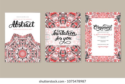 Universal flyer 3x4 with unique decoration. Invitation card for birthday, party or wedding. Traditional illustration design with typography for printing. Vertical festive postcard with invitation 