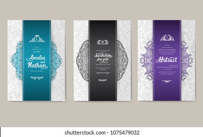 Universal flyer 3x4 with unique decoration. Invitation card for birthday, party or wedding. Traditional illustration design with typography for printing. Vertical festive postcard with invitation 