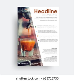 Universal flyer with diagonal elements and a place for a photo. Cover template for printing, business, travel, food, sports. Design brochure with a glass of espresso.