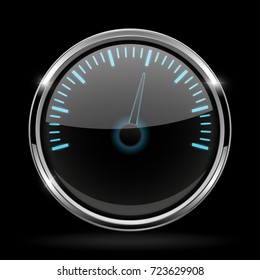Universal gauge with metal frame on black background. Maximum level. Vector 3d illustration