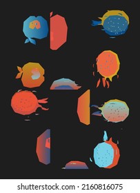 Universal Geometric Pattern With Decorative Fruit Elements Shapes. Abstract Vector Background Composition For A Poster Design, Fabric Print, Wallpaper, Wrapping Paper.