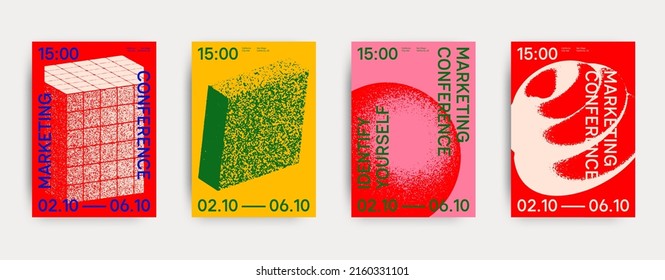 Plantilla De Carteles Geométricos Universales Con Formas Texturadas De Mapa De Bits Vectoriales, Composición De Elementos Negrita Brillante. Formularios De Diseño Para Revista, Folleto, Cartón, Venta.