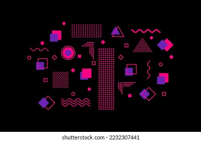 Universal geometric shapes with bright elements composition. Abstract geometric background. Memphis element illustration template. Magazine, leaflet, billboard, sale, banner, flyer, background. Eps 10