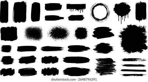Universal geometric shapes in grunge and halftone style, circles, rectangles, squares, with the effect of splashes, torn sides.