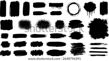 Universal geometric shapes in grunge and halftone style, circles, rectangles, squares, with the effect of splashes, torn sides.