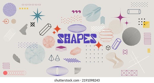 Formas geométricas universales de estilo mínimo, formas memphis, brutralismo, figuras geométricas y otras en conjunto vectorial. Formas y elementos de estilo de onda de vapor. Colección vectorial Memphis. Elementos modernos