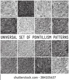 Universal geometric striped dotted seamless pattern set. Repeating abstract chaotic wavy lines gradation in black and white. Modern design, pointilism style