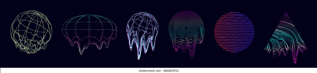 Universal glitch shapes set. Trendy digital retrofuturism vaporwave. 3d circles and triangles with the effect of liquid, glitch, destruction. Abstract elements for web, poster, covers. Memphis set