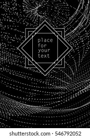 Universal graphical template for covers, flyers, banners, posters, placards, books, business cards. Black and white digital lines, circles, flying particles, chaos. Vector illustration EPS10. A4 Size 