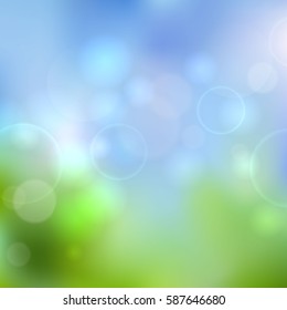 Universal green and blue abstract blurred background, bokeh with round lights. Vector illustration.