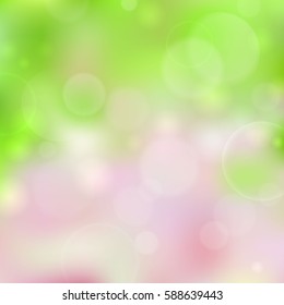 Universal green and pink abstract blurred background, bokeh with round lights. Vector illustration.