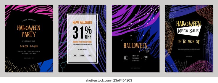 Universal Halloween art templates with abstract elements. For invitation, poster, greeting and business card, banner, brochure, email header, post in social networks, events and page cover.
