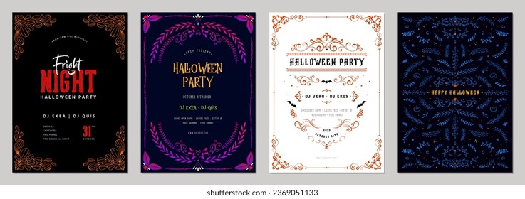 Universal Halloween art templates with scroll and floral elements. For invitation, poster, greeting and business card, banner, brochure, email header, post in social networks, events and page cover.