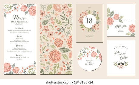 Universal hand drawn floral menu suite in warm colors perfect for an autumn or summer wedding and birthday invitations, and baby shower. Vector illustration.
