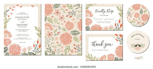 Universal hand drawn floral templates in warm colors perfect for an autumn or summer wedding and birthday invitations, menu and baby shower. Vector illustration.