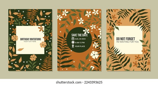 Universal hand drawn floral templates in warm colors perfect for an autumn or summer wedding and birthday invitations, menu, cover. Vector illustration.