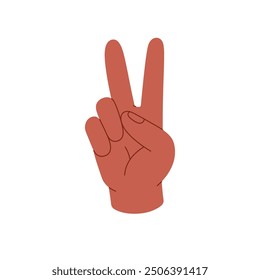 Universal hand gesture of peace. Black hippie shows two fingers, symbol of victory, V sign. Nonverbal communication, body language concept. Flat isolated vector illustration on white background