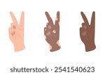 Universal hand gesture of peace. Hand drawn vector illustration in flat style. White, black and vitiligo skin hippie shows two fingers, symbol of victory, V sign. Nonverbal body communication