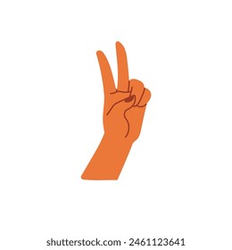 Universal hand gesture of peace. Person shows two fingers, v sign of victory. Hippie, hippy positive symbol. Message of happiness, kindness. Flat isolated vector illustration on white background