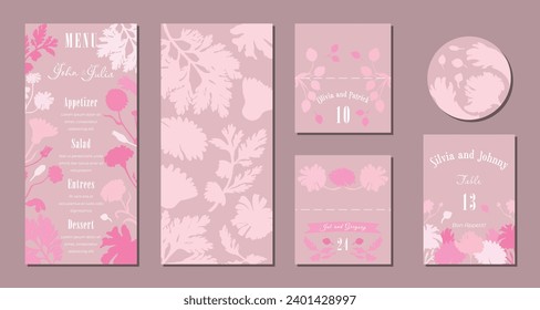 Universal hand-drawn floral templates in warm colors are perfect for an autumn or summer wedding, birthday invitations, menu, and baby shower. Vector illustration.