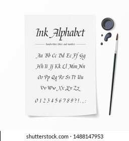 Universal handwritten font. Hand drawn alphabet written with brush pen. White paper, inkwell, ink drops on desk top view mockup. Retro style classic calligraphy script. Vintage vector typeface
