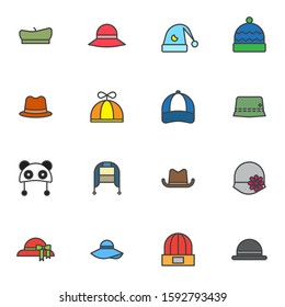 Universal headgear hats elements collection, headdress flat icons set, Colorful symbols pack contains - artist beret, baseball cap, winter hat, sleeping. Vector illustration. Flat style design