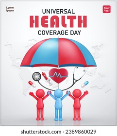 Universal Health Coverage Day. three stickman characters with elements of umbrella, statescope, syringe, pulsating heart and pills. 3d vector suitable for events, education and health