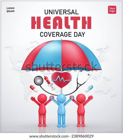 Universal Health Coverage Day. three stickman characters with elements of umbrella, statescope, syringe, pulsating heart and pills. 3d vector suitable for events, education and health