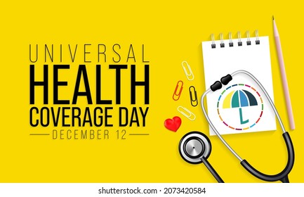 El día de cobertura universal de la salud (UHC) se celebra cada año el 12 de diciembre, con el objetivo de crear conciencia sobre la necesidad de sistemas de salud fuertes, equitativos y resistentes. Ilustración del vector