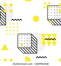 Patrón geométrico universal de alta calidad y sin fisuras, editable con máscara de recorte. Fondo vectorial amarillo abstracto, negro y blanco con formas geométricas básicas