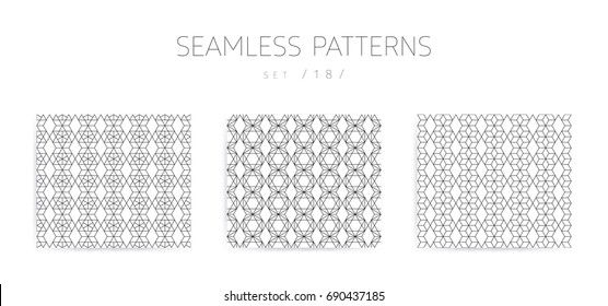 Universal high quality seamless geometric patterns collection with editable weight of strokes, clipping mask. Abstract black and white vector background in classical style