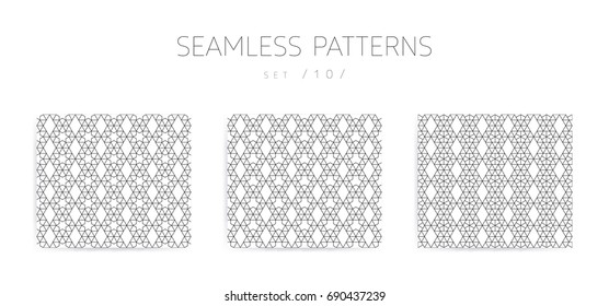 Universal high quality seamless geometric patterns collection with editable weight of strokes, clipping mask. Abstract black and white vector background in classical style