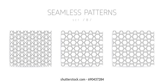 Universal high quality seamless geometric patterns collection with editable weight of strokes, clipping mask. Abstract black and white vector background in classical style