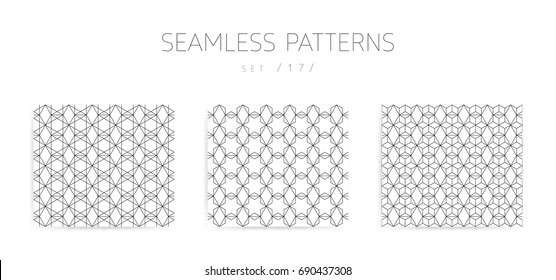 Universal high quality seamless geometric patterns collection with editable weight of strokes, clipping mask. Abstract black and white vector background in classical style
