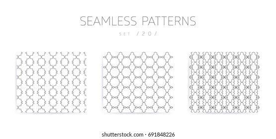 Universal high quality seamless geometric patterns collection with editable weight of strokes, clipping mask. Abstract black and white vector background in classical style