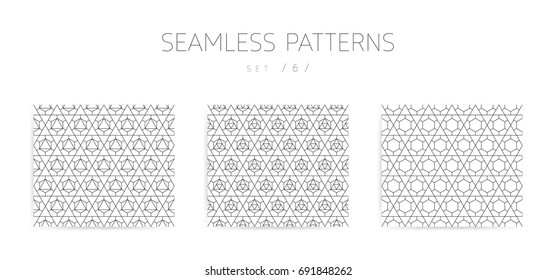 Universal high quality seamless geometric patterns collection with editable weight of strokes, clipping mask. Abstract black and white vector background in classical style