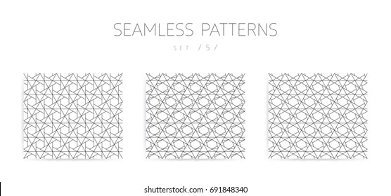 Universal high quality seamless geometric patterns collection with editable weight of strokes, clipping mask. Abstract black and white vector background in classical style