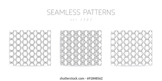Universal high quality seamless geometric patterns collection with editable weight of strokes, clipping mask. Abstract black and white vector background in classical style