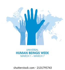Universal Human Beings Week vector. Human hands up blue silhouette icon vector. Raised hands with world map vector. March 1 – March 7. Important day