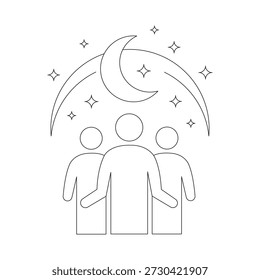 Universal Human Harmony Line Art Design Apresentando Pessoas Simbólicas Sob Lua e Arco Estrelas