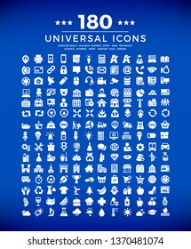 Universal icon pack. 180 solid icons - computer, technology, business, bank, buildings, arrows, logistics, sport,  office, shopping, beauty, weather, food.
