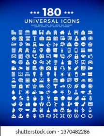 Universal icon pack. 180 solid icons - buildings, logistics, computer, technology, business, bank,  arrows,  sport,  office, shopping, beauty, weather, food.