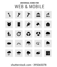 Universal Icon Set. 25 universal icons for website and app. Isolated Elements. flat, solid, mono, monochrome, plain, contemporary style. Vector illustration 