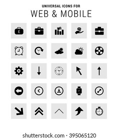 Universal Icon Set. 25 universal icons for website and app. Isolated Elements. flat, solid, mono, monochrome, plain, contemporary style. Vector illustration 