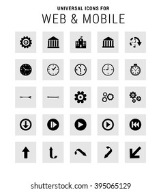 Universal Icon Set. 25 universal icons for website and app. Isolated Elements. flat, solid, mono, monochrome, plain, contemporary style. Vector illustration 