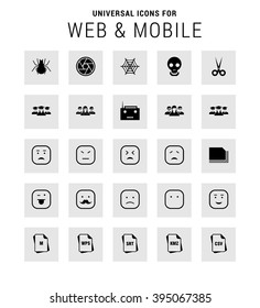 Universal Icon Set. 25 universal icons for website and app. Isolated Elements. flat, solid, mono, monochrome, plain, contemporary style. Vector illustration 